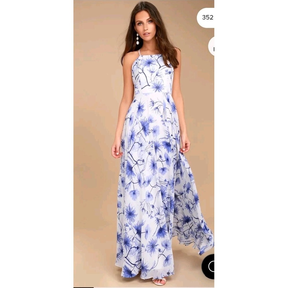 Women's Bold Floral Dress, Lulus, Eternal Joy, Backless, Formal, Blue Maxi XS